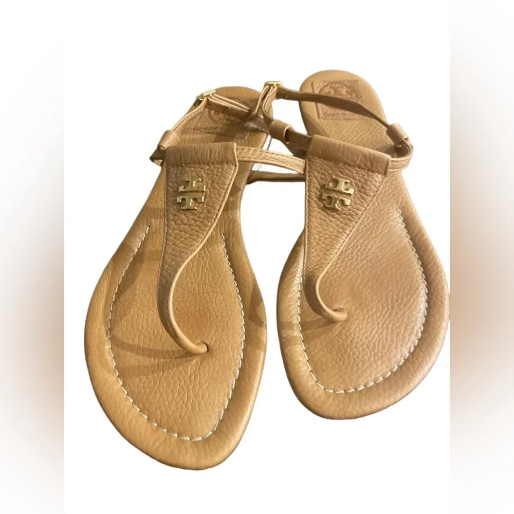 Tory Burch Tan Leather T Strap Sandals Gold Logo Size 8.5